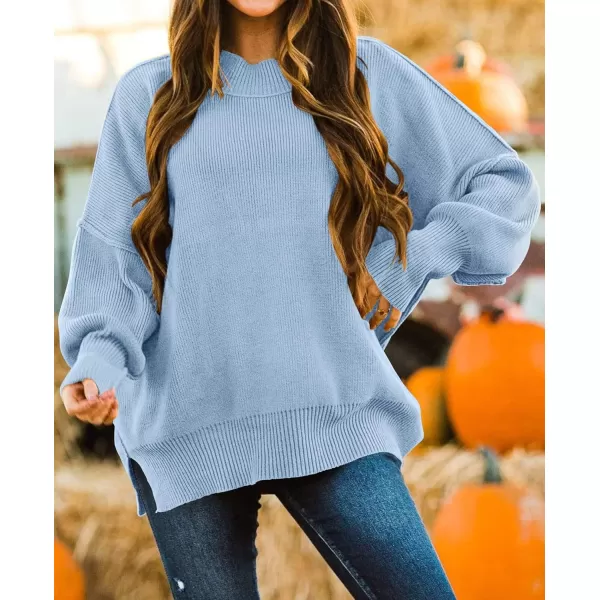 ZESICA Womens 2024 Fall Casual Long Sleeve Crew Neck Side Slit Oversized Ribbed Knit Pullover Sweater TopsBlue