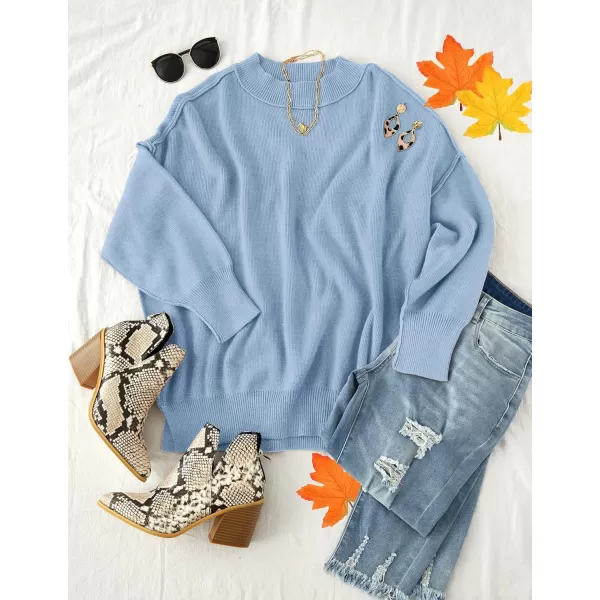 ZESICA Womens 2024 Fall Casual Long Sleeve Crew Neck Side Slit Oversized Ribbed Knit Pullover Sweater TopsBlue