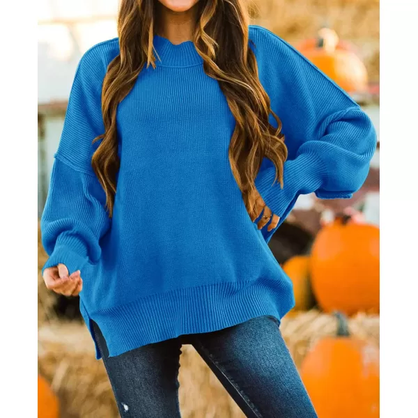 ZESICA Womens 2024 Fall Casual Long Sleeve Crew Neck Side Slit Oversized Ribbed Knit Pullover Sweater TopsBrightblue