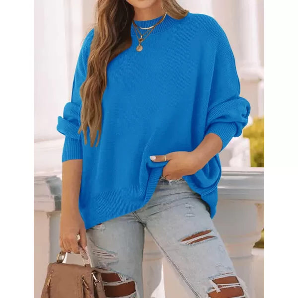 ZESICA Womens 2024 Fall Casual Long Sleeve Crew Neck Side Slit Oversized Ribbed Knit Pullover Sweater TopsBrightblue