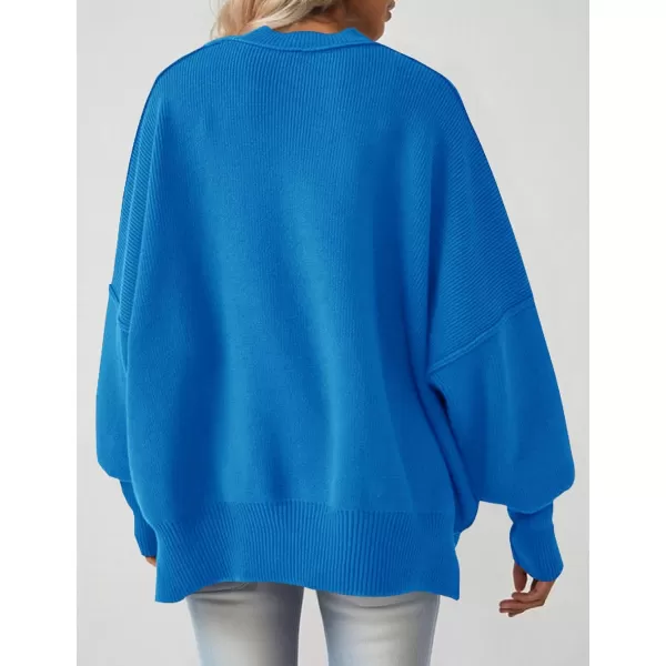 ZESICA Womens 2024 Fall Casual Long Sleeve Crew Neck Side Slit Oversized Ribbed Knit Pullover Sweater TopsBrightblue