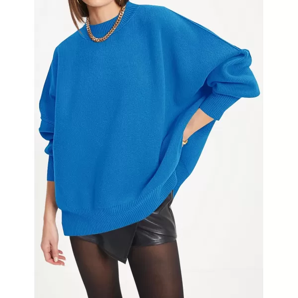 ZESICA Womens 2024 Fall Casual Long Sleeve Crew Neck Side Slit Oversized Ribbed Knit Pullover Sweater TopsBrightblue