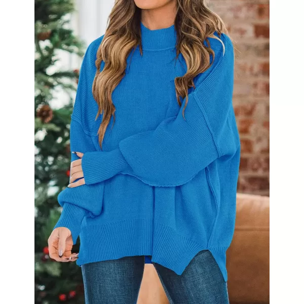 ZESICA Womens 2024 Fall Casual Long Sleeve Crew Neck Side Slit Oversized Ribbed Knit Pullover Sweater TopsBrightblue