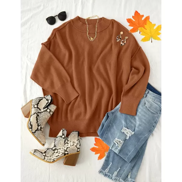 ZESICA Womens 2024 Fall Casual Long Sleeve Crew Neck Side Slit Oversized Ribbed Knit Pullover Sweater TopsCaramel