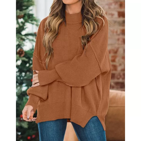 ZESICA Womens 2024 Fall Casual Long Sleeve Crew Neck Side Slit Oversized Ribbed Knit Pullover Sweater TopsCaramel