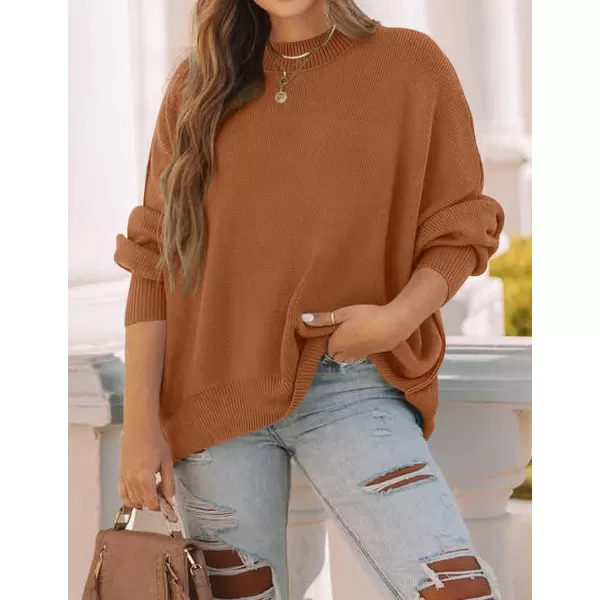 ZESICA Womens 2024 Fall Casual Long Sleeve Crew Neck Side Slit Oversized Ribbed Knit Pullover Sweater TopsCaramel