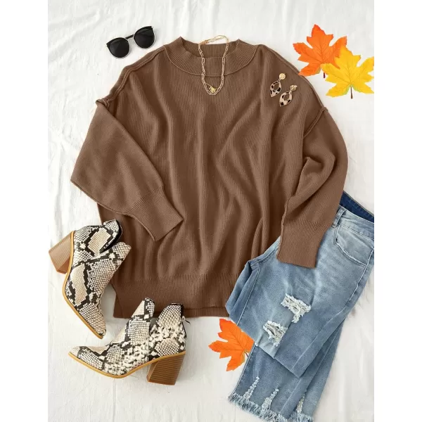 ZESICA Womens 2024 Fall Casual Long Sleeve Crew Neck Side Slit Oversized Ribbed Knit Pullover Sweater TopsCoffee
