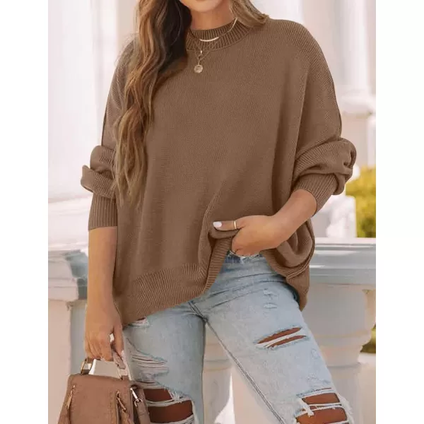 ZESICA Womens 2024 Fall Casual Long Sleeve Crew Neck Side Slit Oversized Ribbed Knit Pullover Sweater TopsCoffee
