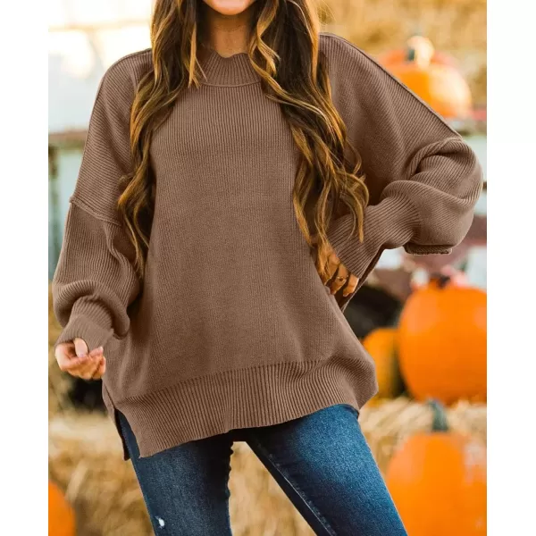 ZESICA Womens 2024 Fall Casual Long Sleeve Crew Neck Side Slit Oversized Ribbed Knit Pullover Sweater TopsCoffee