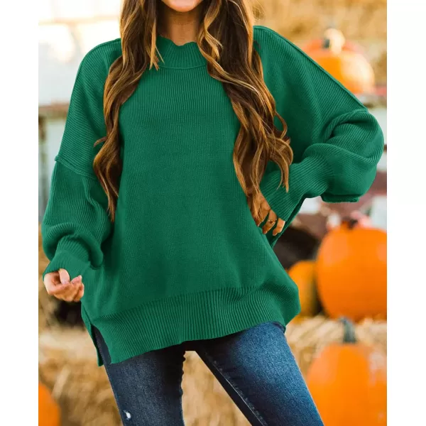 ZESICA Womens 2024 Fall Casual Long Sleeve Crew Neck Side Slit Oversized Ribbed Knit Pullover Sweater TopsDarkgreen