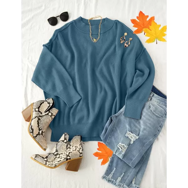 ZESICA Womens 2024 Fall Casual Long Sleeve Crew Neck Side Slit Oversized Ribbed Knit Pullover Sweater TopsDustyblue