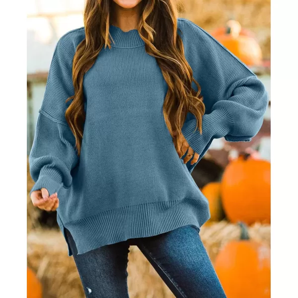 ZESICA Womens 2024 Fall Casual Long Sleeve Crew Neck Side Slit Oversized Ribbed Knit Pullover Sweater TopsDustyblue