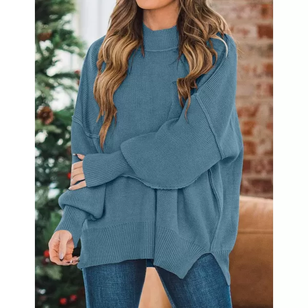 ZESICA Womens 2024 Fall Casual Long Sleeve Crew Neck Side Slit Oversized Ribbed Knit Pullover Sweater TopsDustyblue