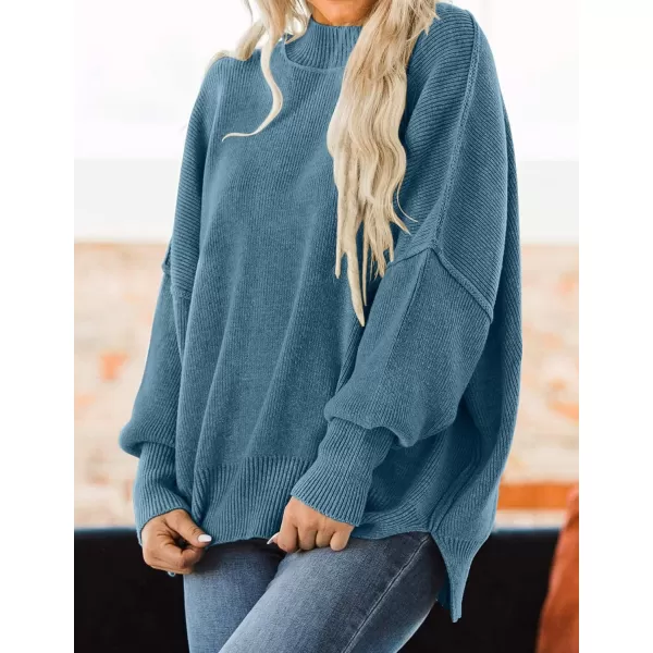 ZESICA Womens 2024 Fall Casual Long Sleeve Crew Neck Side Slit Oversized Ribbed Knit Pullover Sweater TopsDustyblue