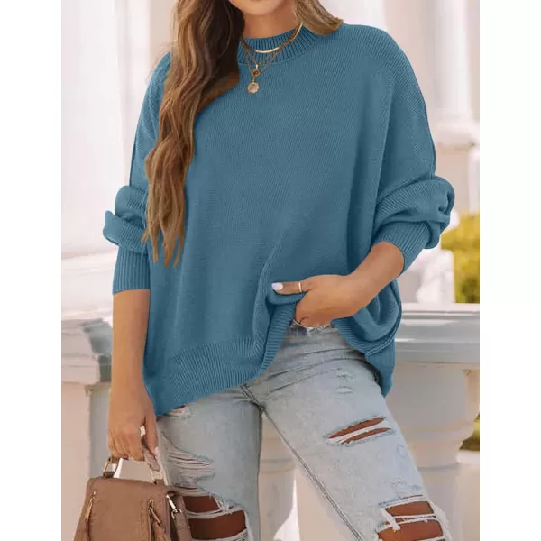 ZESICA Womens 2024 Fall Casual Long Sleeve Crew Neck Side Slit Oversized Ribbed Knit Pullover Sweater TopsDustyblue