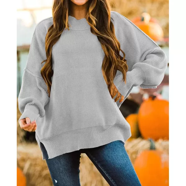ZESICA Womens 2024 Fall Casual Long Sleeve Crew Neck Side Slit Oversized Ribbed Knit Pullover Sweater TopsGrey