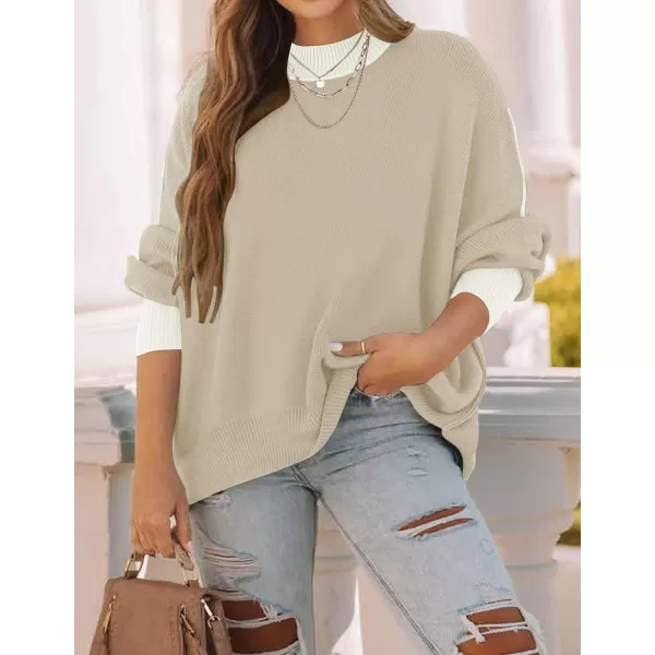 ZESICA Womens 2024 Fall Casual Long Sleeve Crew Neck Side Slit Oversized Ribbed Knit Pullover Sweater TopsGreyapricot
