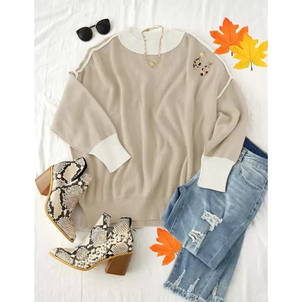 ZESICA Womens 2024 Fall Casual Long Sleeve Crew Neck Side Slit Oversized Ribbed Knit Pullover Sweater TopsGreyapricot
