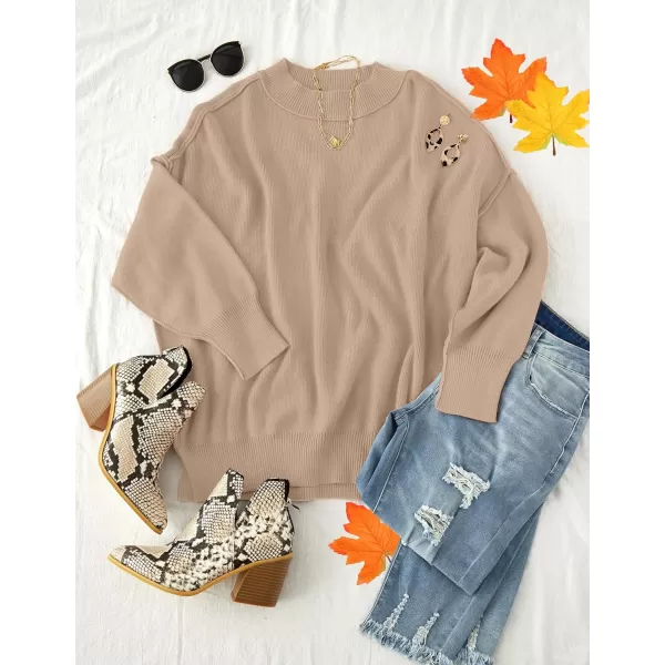 ZESICA Womens 2024 Fall Casual Long Sleeve Crew Neck Side Slit Oversized Ribbed Knit Pullover Sweater TopsKhaki