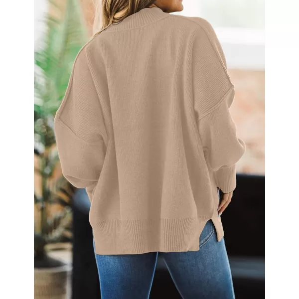 ZESICA Womens 2024 Fall Casual Long Sleeve Crew Neck Side Slit Oversized Ribbed Knit Pullover Sweater TopsKhaki