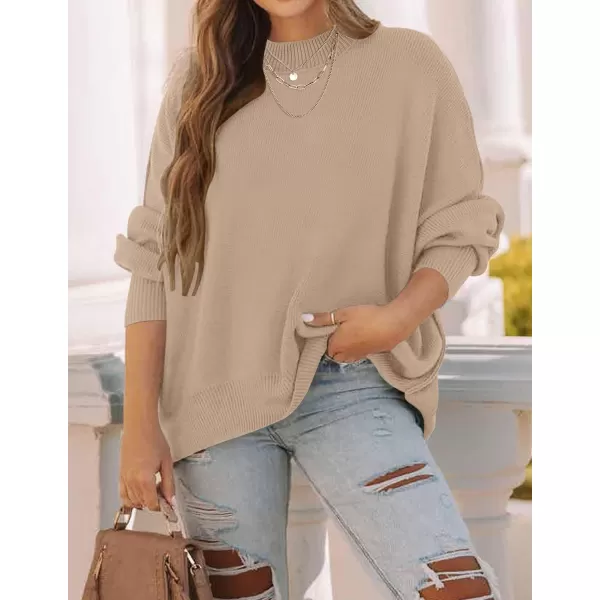 ZESICA Womens 2024 Fall Casual Long Sleeve Crew Neck Side Slit Oversized Ribbed Knit Pullover Sweater TopsKhaki