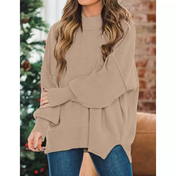 ZESICA Womens 2024 Fall Casual Long Sleeve Crew Neck Side Slit Oversized Ribbed Knit Pullover Sweater TopsKhaki