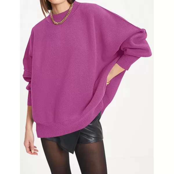 ZESICA Womens 2024 Fall Casual Long Sleeve Crew Neck Side Slit Oversized Ribbed Knit Pullover Sweater TopsLilac