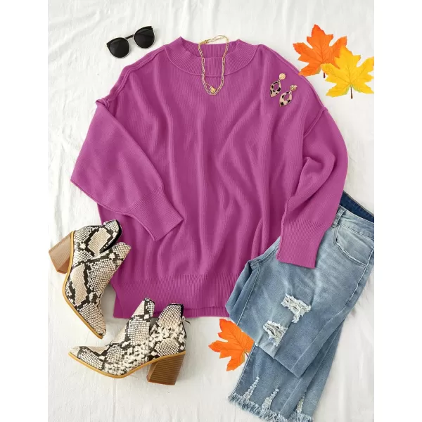ZESICA Womens 2024 Fall Casual Long Sleeve Crew Neck Side Slit Oversized Ribbed Knit Pullover Sweater TopsLilac