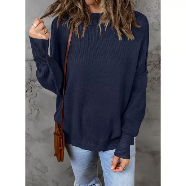 ZESICA Womens 2024 Fall Casual Long Sleeve Crew Neck Side Slit Oversized Ribbed Knit Pullover Sweater TopsNavy