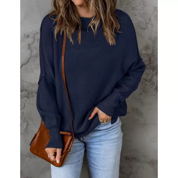 ZESICA Womens 2024 Fall Casual Long Sleeve Crew Neck Side Slit Oversized Ribbed Knit Pullover Sweater TopsNavy