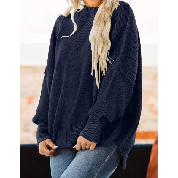 ZESICA Womens 2024 Fall Casual Long Sleeve Crew Neck Side Slit Oversized Ribbed Knit Pullover Sweater TopsNavy