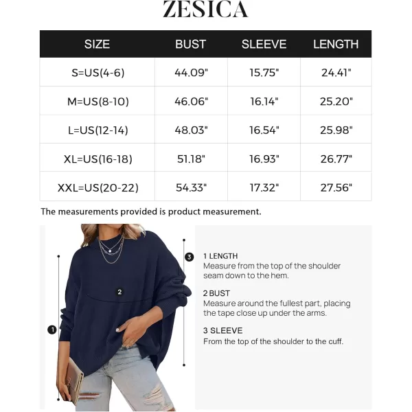 ZESICA Womens 2024 Fall Casual Long Sleeve Crew Neck Side Slit Oversized Ribbed Knit Pullover Sweater TopsNavy