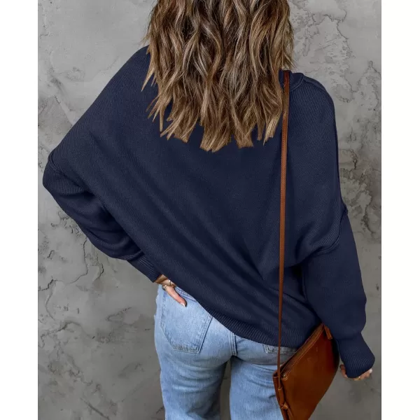 ZESICA Womens 2024 Fall Casual Long Sleeve Crew Neck Side Slit Oversized Ribbed Knit Pullover Sweater TopsNavy