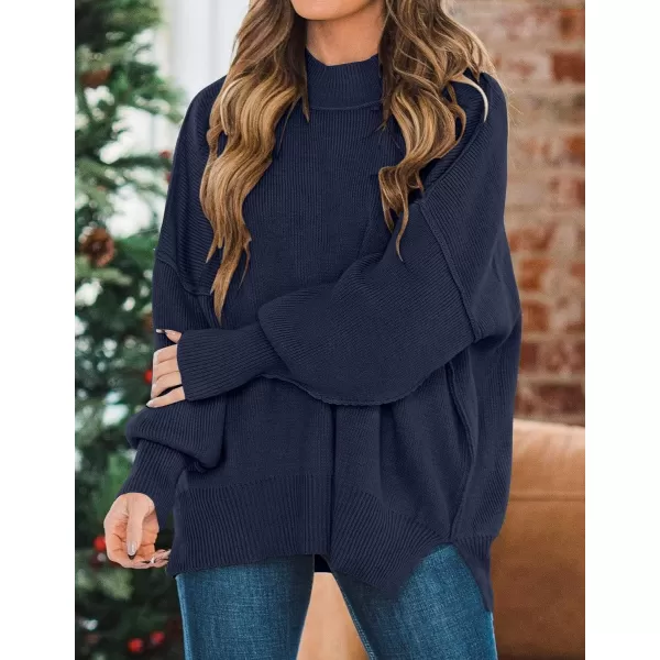 ZESICA Womens 2024 Fall Casual Long Sleeve Crew Neck Side Slit Oversized Ribbed Knit Pullover Sweater TopsNavy