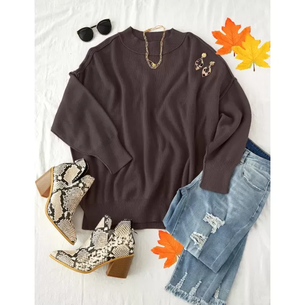 ZESICA Womens 2024 Fall Casual Long Sleeve Crew Neck Side Slit Oversized Ribbed Knit Pullover Sweater TopsNutmeg
