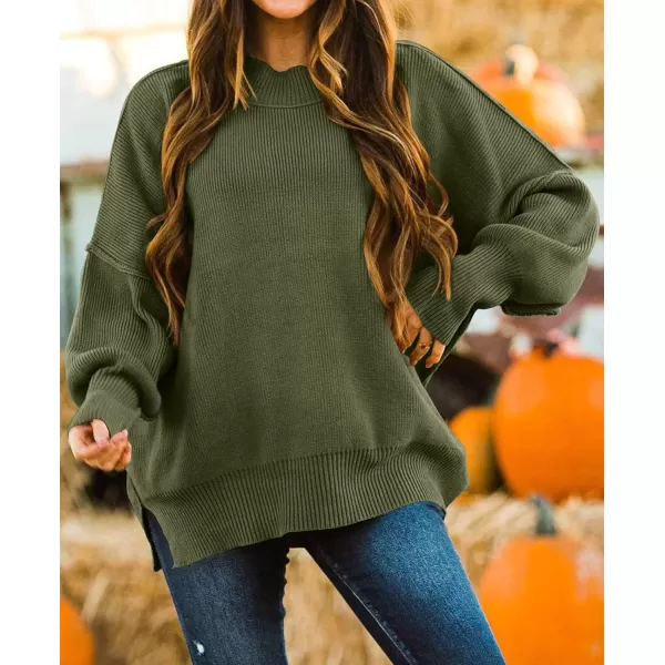 ZESICA Womens 2024 Fall Casual Long Sleeve Crew Neck Side Slit Oversized Ribbed Knit Pullover Sweater TopsOlive