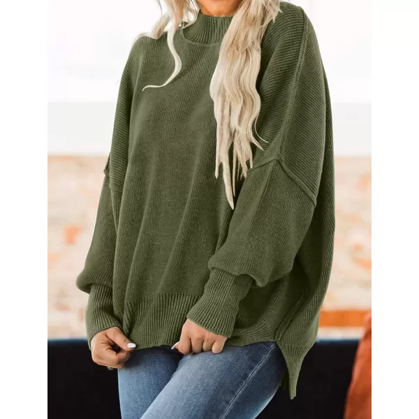 ZESICA Womens 2024 Fall Casual Long Sleeve Crew Neck Side Slit Oversized Ribbed Knit Pullover Sweater TopsOlive
