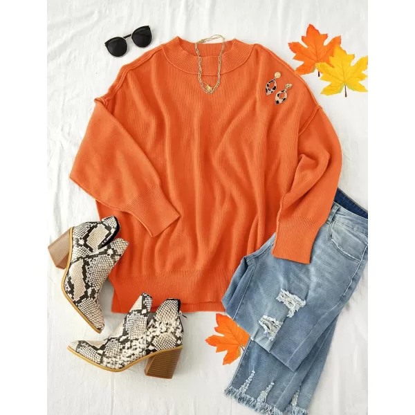 ZESICA Womens 2024 Fall Casual Long Sleeve Crew Neck Side Slit Oversized Ribbed Knit Pullover Sweater TopsOrange