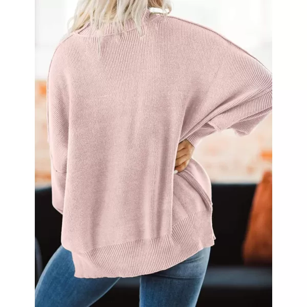 ZESICA Womens 2024 Fall Casual Long Sleeve Crew Neck Side Slit Oversized Ribbed Knit Pullover Sweater TopsPink