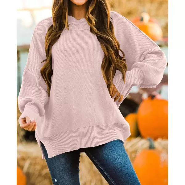 ZESICA Womens 2024 Fall Casual Long Sleeve Crew Neck Side Slit Oversized Ribbed Knit Pullover Sweater TopsPink