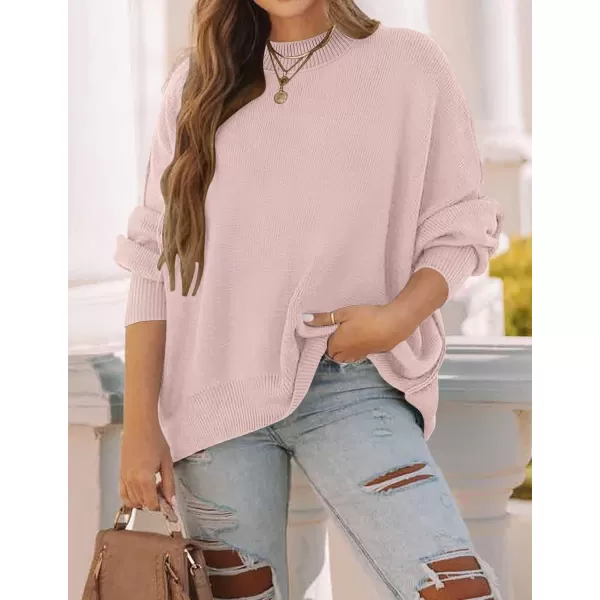 ZESICA Womens 2024 Fall Casual Long Sleeve Crew Neck Side Slit Oversized Ribbed Knit Pullover Sweater TopsPink