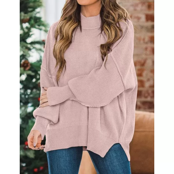 ZESICA Womens 2024 Fall Casual Long Sleeve Crew Neck Side Slit Oversized Ribbed Knit Pullover Sweater TopsPink