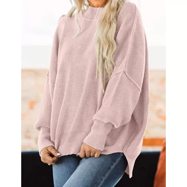 ZESICA Womens 2024 Fall Casual Long Sleeve Crew Neck Side Slit Oversized Ribbed Knit Pullover Sweater TopsPink