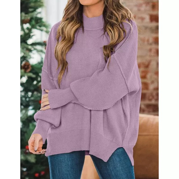 ZESICA Womens 2024 Fall Casual Long Sleeve Crew Neck Side Slit Oversized Ribbed Knit Pullover Sweater TopsPurple