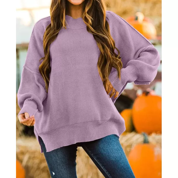 ZESICA Womens 2024 Fall Casual Long Sleeve Crew Neck Side Slit Oversized Ribbed Knit Pullover Sweater TopsPurple
