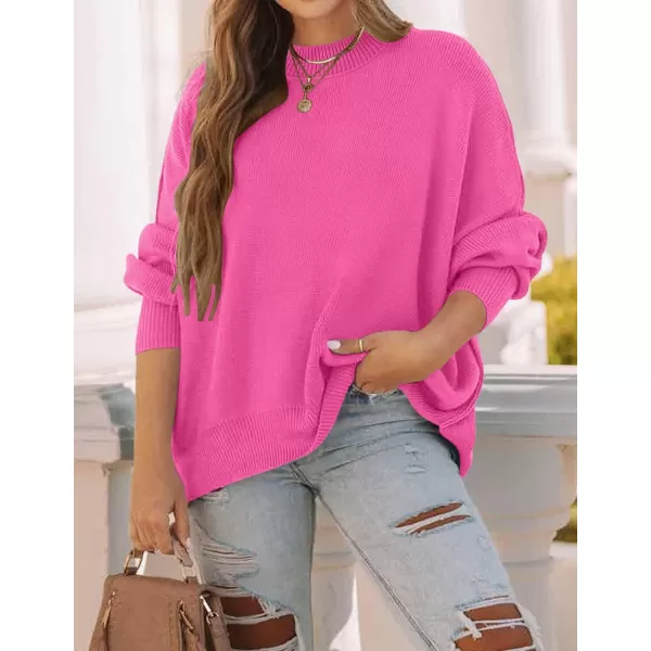 ZESICA Womens 2024 Fall Casual Long Sleeve Crew Neck Side Slit Oversized Ribbed Knit Pullover Sweater TopsRose
