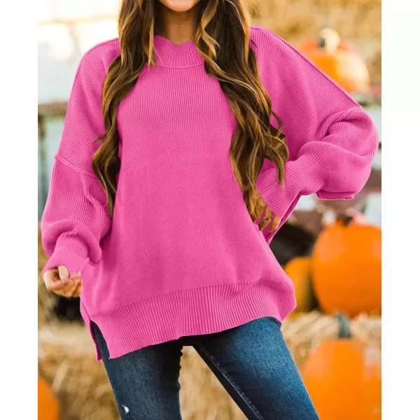 ZESICA Womens 2024 Fall Casual Long Sleeve Crew Neck Side Slit Oversized Ribbed Knit Pullover Sweater TopsRose