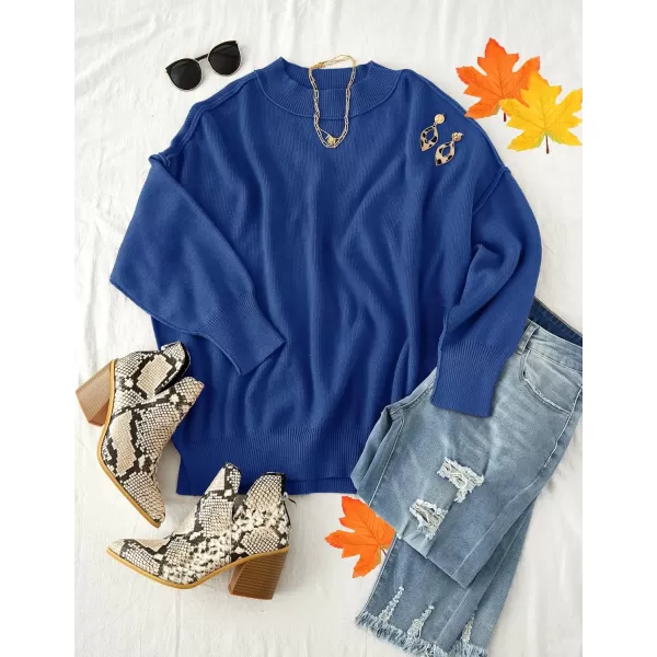 ZESICA Womens 2024 Fall Casual Long Sleeve Crew Neck Side Slit Oversized Ribbed Knit Pullover Sweater TopsRoyalblue