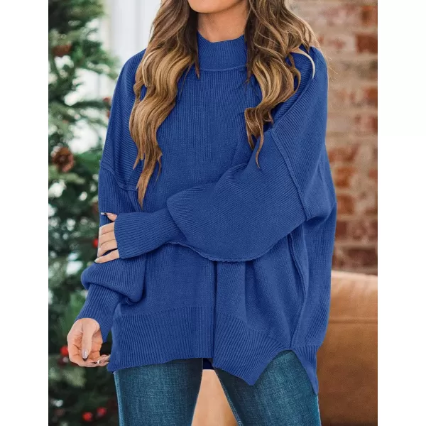 ZESICA Womens 2024 Fall Casual Long Sleeve Crew Neck Side Slit Oversized Ribbed Knit Pullover Sweater TopsRoyalblue