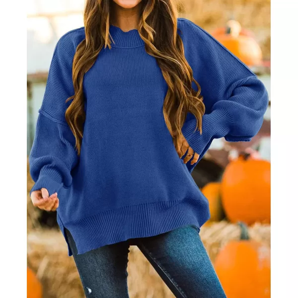 ZESICA Womens 2024 Fall Casual Long Sleeve Crew Neck Side Slit Oversized Ribbed Knit Pullover Sweater TopsRoyalblue